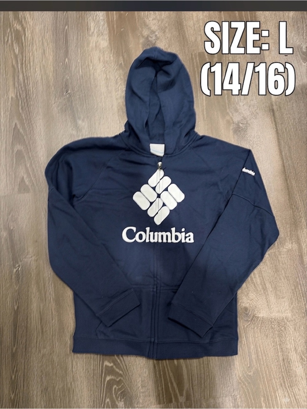 Columbia Youth Boys Navy Blue Full Zip Logo Hoodie Size Large 14/16 EUC